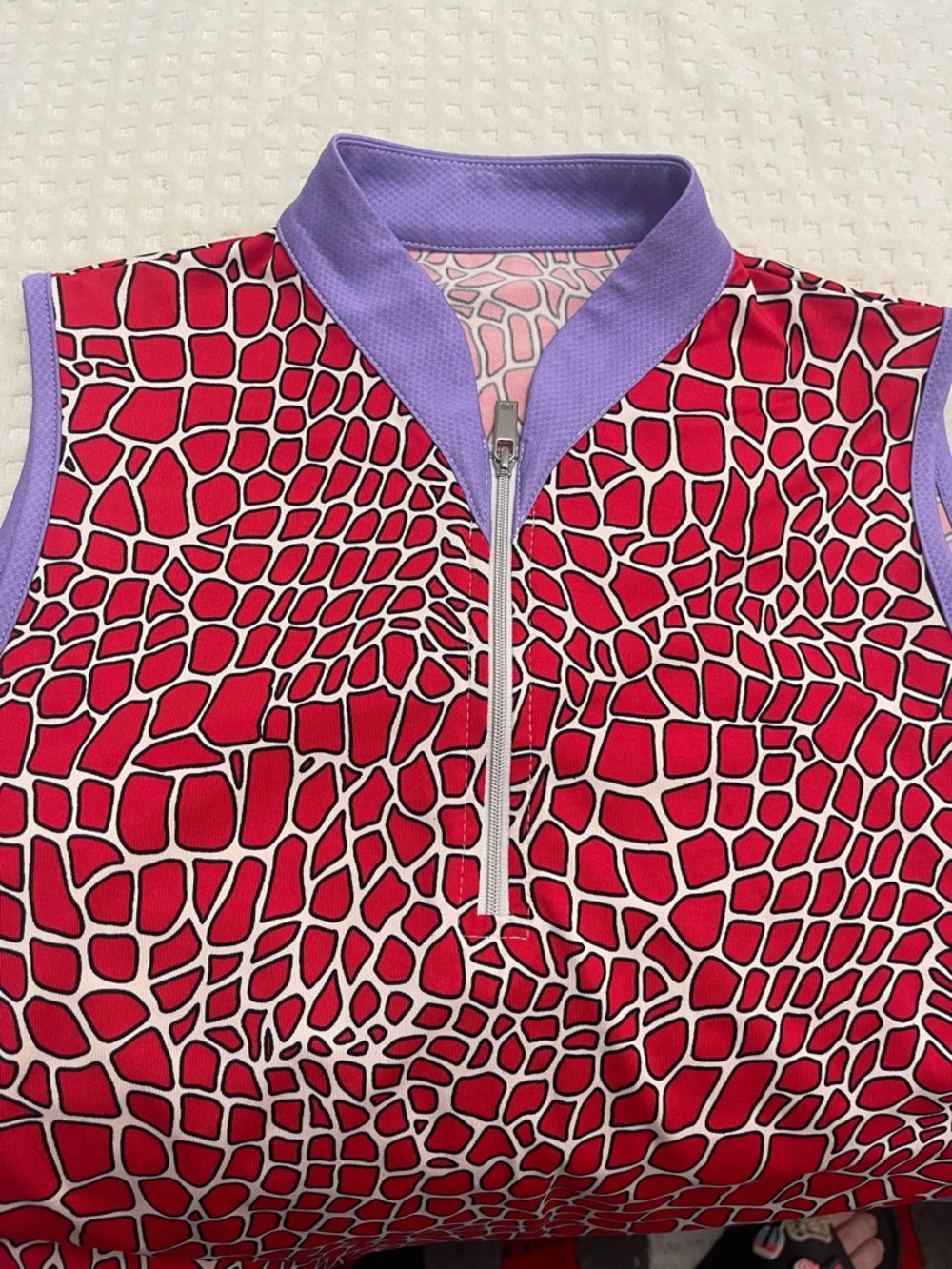 Tail Sleeveless Zip Polo in Pink and Purple Geometric Print